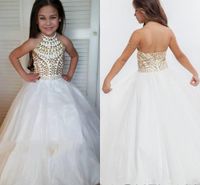 Wholesale 2019 Halter Gold Crystal Tulle White Ball Gown Girls Pageant Dresses Backless Toddler Little Girls Pageant Dresses For Juniors