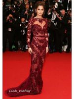 Wholesale Sheath Burgundy Dark Wine Red Cheryl Cole Evening Dress New Arrival Long Sleeve Lace Formal Party Prom Gown