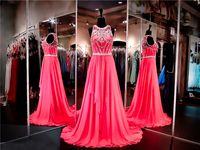 Wholesale Hot Pink Chiffon Prom Dress High Neckline Illusion Back Crystals Evening Dress Embellished with Sparkling Beading Pageant Dress