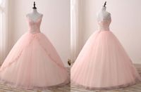 Wholesale 2022 V neck Blush Applique Lace With Champagne Satin Quinceanera Dress Ball Gowns Prom With Straps Beaded Corset Back Sweet Girls Party