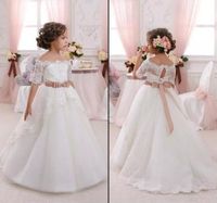 Wholesale Off the Shoulder Cute Flower Girl Dresses for Wedding Vintage Lace with Coral Bow Belt Princess Lace Up Kids Communion Dresses