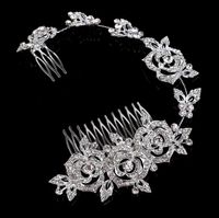 Wholesale Elegant Hair Accessories Sparkling Rose Flower Double Hair Comb Crystal Rhinestone Wedding Bridal Headpieces Tiara silver colors