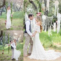 Wholesale 2018 Mermaid Bohemia Wedding Dresses Off Shoulder Full Lace Applique Wedding Gowns Sweep Train Half Sleeve Vintage Best Selling Bridal Dress