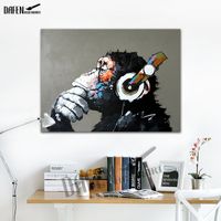 Wholesale Gorilla Listening To The Music Handmade Oil Painting On Canvas Funny Cartoon Animal Wall Unframe Bedroom Decoration