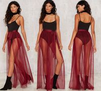 Wholesale Hot Sexy See Through Over Skirt New Fashion Burgundy Tulle Illusion One Layer Women Skirt With Ribbon Sash High Split Floor Length Cheap