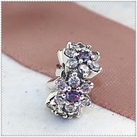 Wholesale New Spring Sterling Silver Forget Me Not Spacer Charm Bead with Purple and Clear Cz Fits European Jewelry Bracelets Necklace