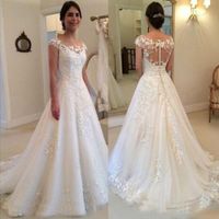 Wholesale Jewel Neck Lace Appliques See Through Button Back Vintage Bridal Wedding Gowns Elegant Garden Western Country A Line Wedding Dresses