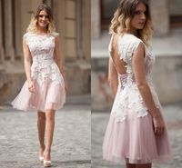 Wholesale Short Elegant Homecoming Dresses With White Lace Applique Light Pink Jewel Short Capped Evening Dresses Open Back Lace Up Custom Prom Dress