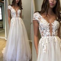 Wholesale Fashion Prom Dresses Slit Formal Dress Ivory Lace Prom Dress Sexy Summer Tulle Slit Evening Gowns