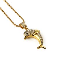 Wholesale Fashion Men Vacuum Dolphin Big Pendant Necklaces Studded Rhinestone Bling Hip Hop Jewelry Design K Gold Plated cm Long Chains