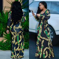 Wholesale 2017 Autumn Womens Maxi Dress Traditional African Print Long Dress Dashiki Elastic Elegant Ladies Bodycon Vintage Chain Print Plus size XL