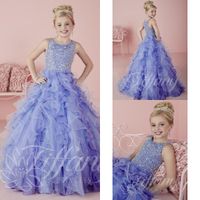 Wholesale Little Girls Pageant Dresses wear New Jewel Neck Crystal Beads Lavender Tulle Formal Party Dress for Teen Kids Flowers Girls Gowns