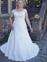 Wholesale New Plus Size Wedding Dress Cap Sleeve Scoop Neck Full Lace Empire Waistline A Line Bridal Gowns Lace up Back Custom Size