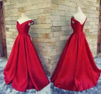 Wholesale Real Pictures Simple Dark Red Prom Dresses V Neck Off The Shoulder Ruched Satin Custom Made Backless Corset Evening Gowns