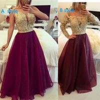 Wholesale Bungundy Prom Dresses Bateau Long Sleeves with Golden Lace Chiffon Evening Dresses with Fashion Belt Middle East Style