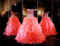 Wholesale Coral Ball Gown Strapless Beaded Sweetheart Bodice Lace up Back Full Ruffled Shirt Quinceanera Dress Crystals Pageant Dresses