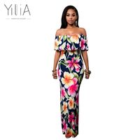 Wholesale Yilia Women Boho Maxi Dress New Spring Summer Style Off Shoulder Ruffled Print Long Dresses Feminine Floor Length Gown D119 q171125