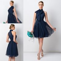 Wholesale Navy Blue Short Bridesmaid Dress High Neck Chiffon Maid of Honor Dress For Junior Wedding Party Gown