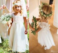 Wholesale Bohemia Lace Chiffon A Line Flower Girls Dresses Short Sleeves Country Wedding Dresses For Kids Cute Long First Communion Dresses