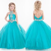 Wholesale Turquoise Tulle Ball Gown Girls Pageant Dresses New Halter Beaded Backless Floor Length Little Girls Party Prom Gown Custom Made EN9262