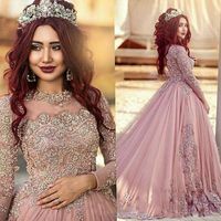 Wholesale Gorgeous Pink Lace Sweep Train Evening Dresses Long Sleeves Princess Muslim Prom Dresses With Beads Red Carpet Runway Dresses