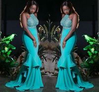 Wholesale Turquoise Green Beading Halter Prom Dresses Sexy Backless Mermaid Evening Gowns Plus Size Black Girls Formal Party Gowns