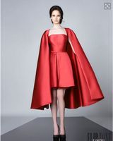 Wholesale Red Satin SHort Evening Dresses With Wrap Spring Prom Gowns A line Custom made Vestidos Scoop FOrmal Party Gowns
