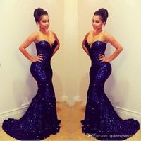 Wholesale Sparkling Sweetheart Sleeveless Mermaid Prom Dresses Long Deep Blue Sequined Laceevening Party dresses Short Trailing