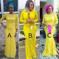 Wholesale Afric Yellow Lace Mermaid Formal Evening Gowns Styles Long Sleeves Jewel Neckline Floor Length Prom Dress vestidos de novia