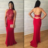 Wholesale Cheap Red Lace Appliques Prom Dresses Halter Sleeveless Hollow Backless with Belt Sheath Evening Gowns