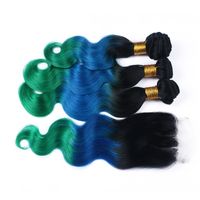 Wholesale 1B Blue Teal Ombre Brazilian Human Hair Bundles With Closure Three Tone Colored x4 Free Part Lace Closure With Brazilian Hair Body Wave