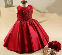 Wholesale Lovely RED Lace Satin Flower Girl Dresses sleeveless Lace Floor Ball Gown Little Girl Dresses For Weddings Party Prom