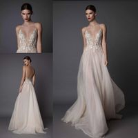 Wholesale Sexy Ivory Berta Evening Dresses Deep V Neck Spaghetti Straps Embroidered Chiffon Backless Summer Illusion Long Prom Dresses