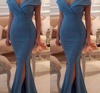 Wholesale 2020 Dark Blue Mermiad Long Prom Dresses Sexy V Neck With Button High Side Split Formal Evening Party Gowns Cheap New Robe De Soiree