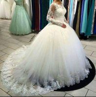 Wholesale Vestido De Noiva White Long Sleeve Wedding Dresses Ball Gown Designer New Crystal Pearls Embroidery For Church Wedding Bridal Gown