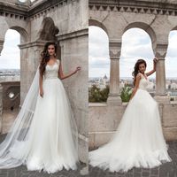 Wholesale Best Selling A Line V Neck Court Train White Ivory Tulle Wedding Dresses With Lace Appliques Low Price Beach Bridal Wedding Gowns