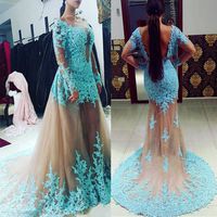 Wholesale Tulle Bateau Neckline Mermaid Formal Dresses With Detachable Skirt Blue Lace Applique Long Sleeves Skin Tulle Prom Gowns festa dresses