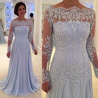 Wholesale 2017 New Sky Blue Mother Of The Bride Dresses Off Shoulder Embroidery Lace Appliques Long Sleeves Plus Size Party Dress Wedding Guest Gowns