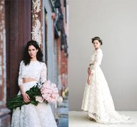 Wholesale Popular Two Pieces France Lace Wedding Dresses Jewel Neck Long Sleeves High Low Plus Size Bohemian Style Beach Bridal Gowns