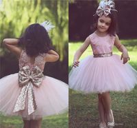 Wholesale 2017 Country Pink Short Flower Girl Dresses for Weddings Party Sequined Bow Tutu Crew Neck Lace Baby Toddler Formal Birthday Pageant Dresses