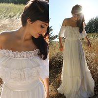 Wholesale Vintage Country Style Bohemian Wedding Dress Off the Shoulder Lace Trim Chiffon Beach Garden Boho Bridal Gowns Full Length