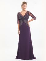 Wholesale Sparkling Plum Mother of the Bride Dresses Illusion Sheer with Beading Sequins Long Sleeves Pleats Chiffon Sweep Train Evening Gowns