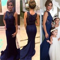Wholesale Charming Navy Blue Sheer Neck Mermaid Bridesmaid Dresses Long Modest Lace And Satin Beaded Maid Of Honor Wedding Party Gowns EN8186