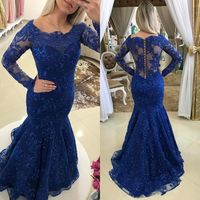 Wholesale Mermaid Evening Dresses Scoop Neck Sheer Long Sleeves Full Lace Pearls Beaded Royal Blue Grape Sweet Formal Party Dress Prom Gowns