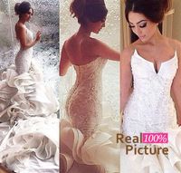 Wholesale Custom Made Hot Sale Sexy Mermaid Wedding Dresses Lace Up Organza Chapel Train Lace Applique Bridal Gowns Cheap Plus Size