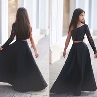 Wholesale 2020 New Modest Girls Pageant Dresses Two Pieces One Shoulder Beads Black Sexy Flower Girl Dress For Child Teens Party Cheap Custom Made