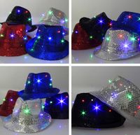 Wholesale 9 Colors LED Jazz Hats Flashing Light Up Led Fedora Trilby Sequins Caps Fancy Dress Dance Party Hats Unisex Hip Hop Lamp Luminous Hat