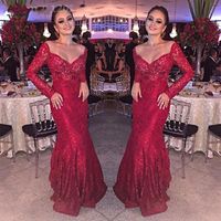 Wholesale Elegant Red Lace Long Sleeves Prom Dresses Beaded Scoop Mermaid Sheath Illusion Sexy Party Gowns