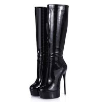 Wholesale Sexy Trendy Black Shiny Patent PU Knee Boots for Women With Platform and cm high heel Italian Design Handmade Shoes Fetish Exotic Pole Dance Gothic Punk
