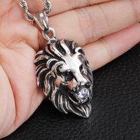 Wholesale Rock Roll Gothic Men L Stainless Steel Casting Silver Cool Lion Head CZ Charm Pendant With Free quot Rope Necklace chain